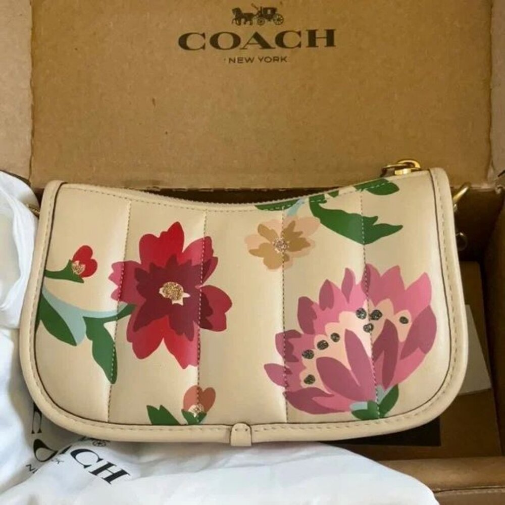 Coach Leather Swinger Bag 20 Quilting Small Handbag Floral Zip Beige Purse NEW - Picture 6 of 8